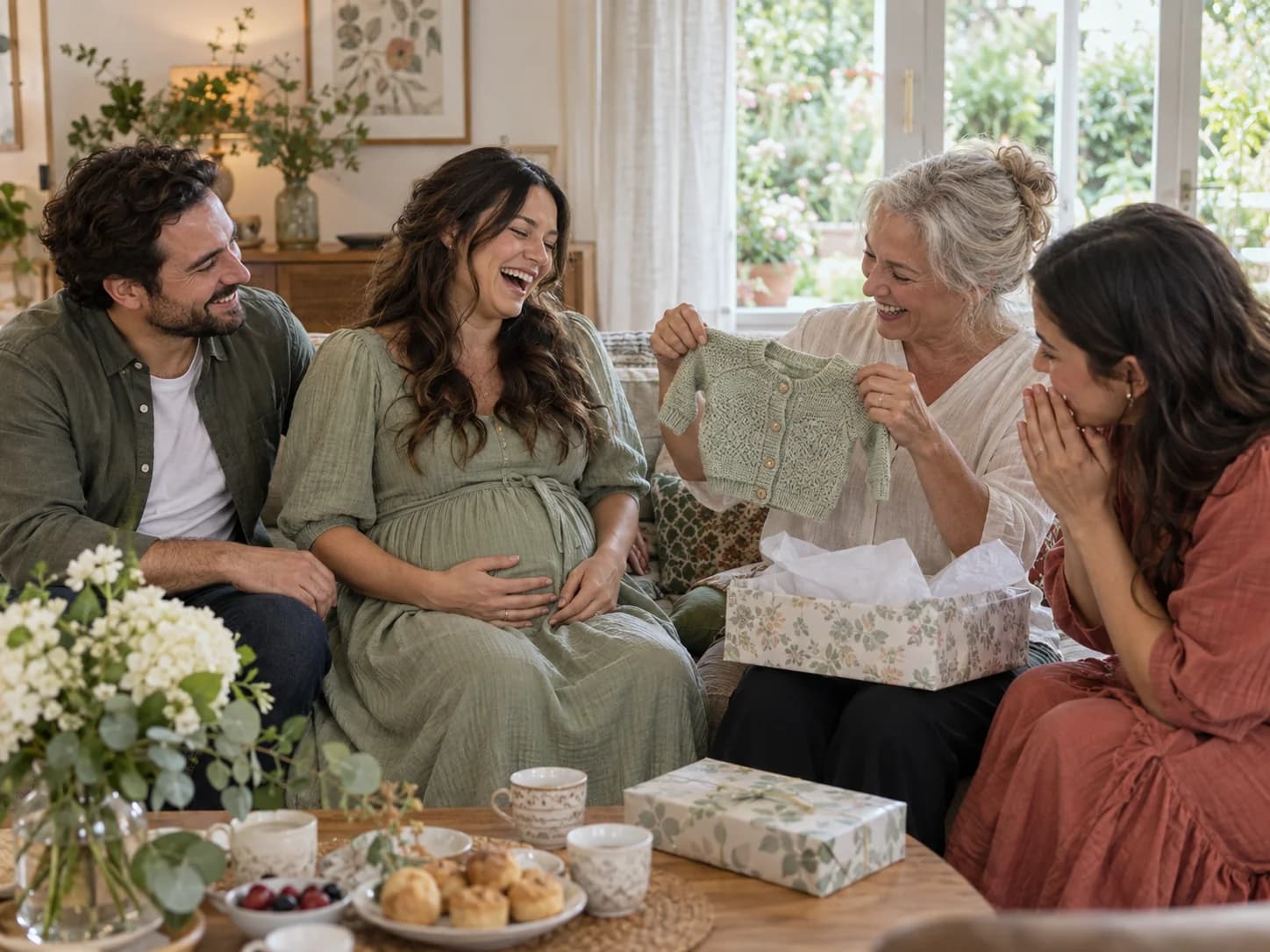 An expectant mother and her family admiring a tiny knitted cardigan