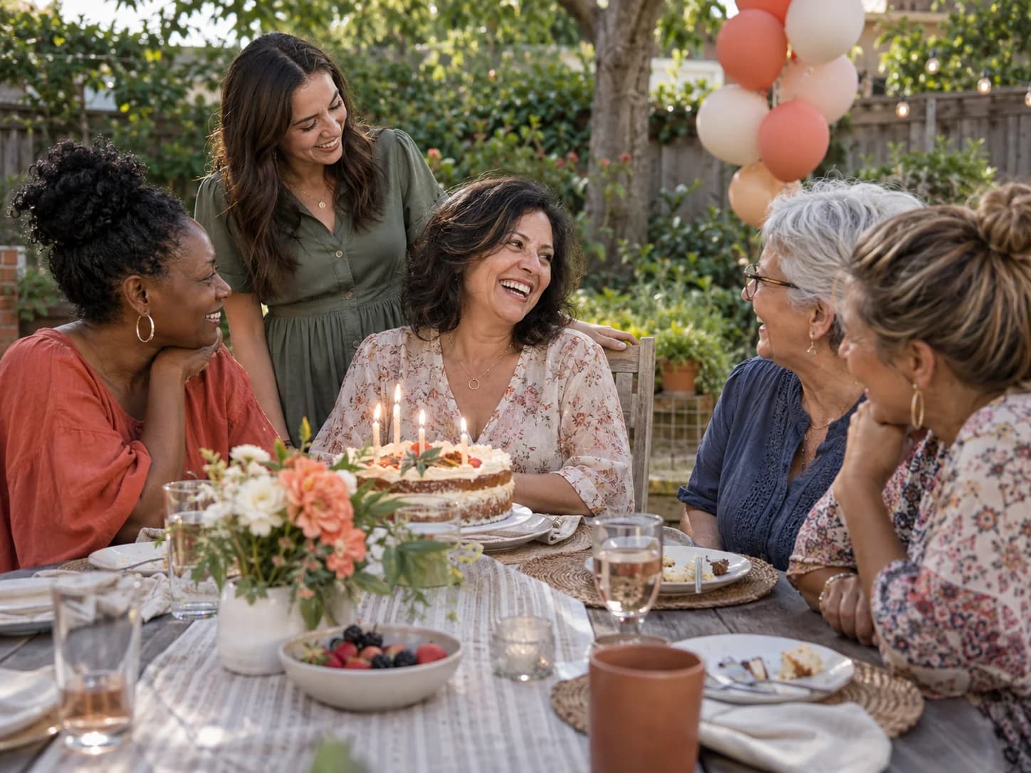 Family and friends laughing around a birthday cake in a garden