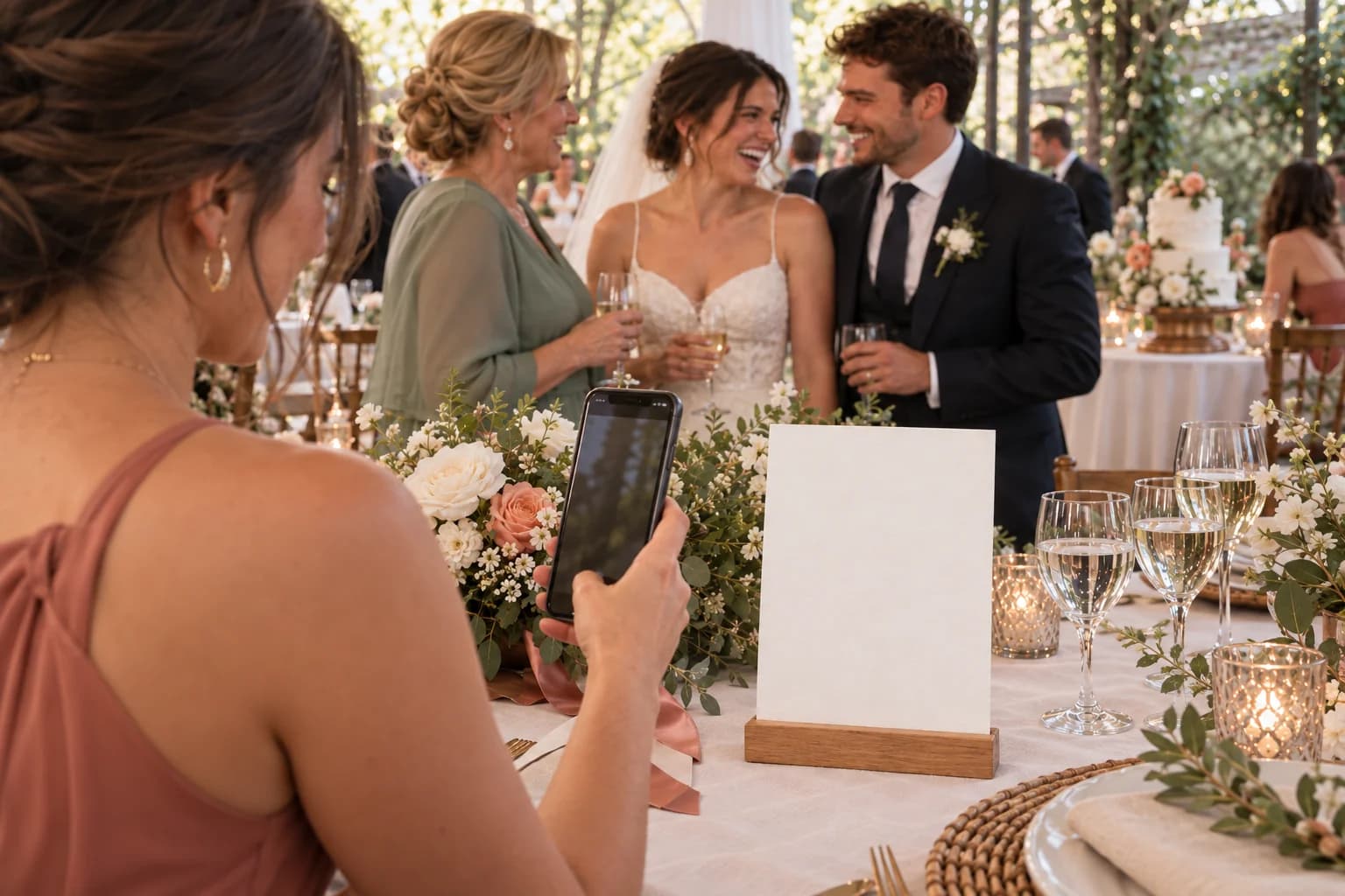 A wedding guest pointing her phone at a MomentTide QR sign while the newlyweds celebrate nearby