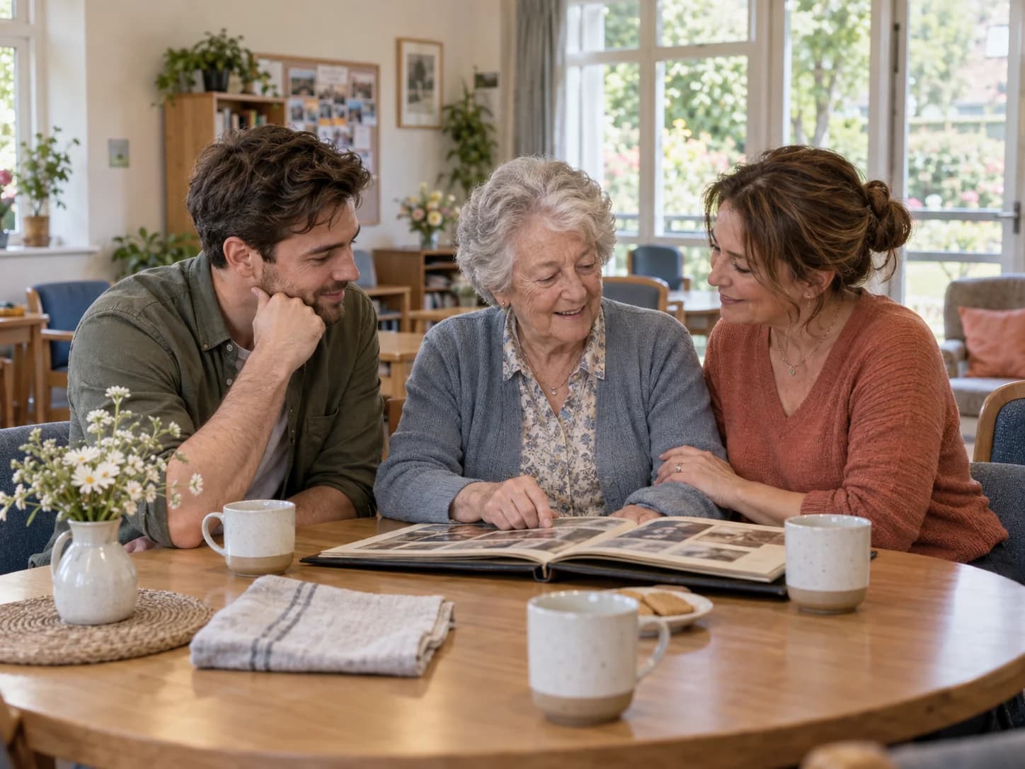 Three generations sharing memories over a family photograph album