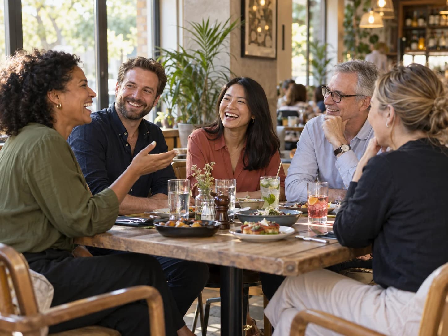 Colleagues sharing a laugh over a relaxed celebration meal