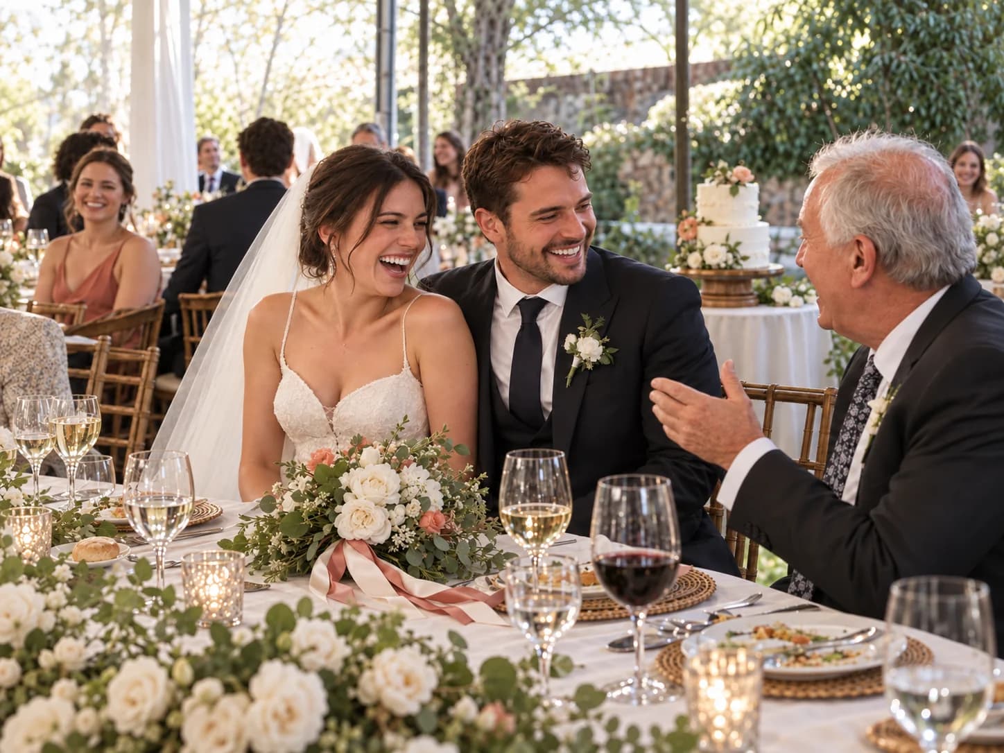 A bride and groom sharing an unposed laugh with family at their wedding reception